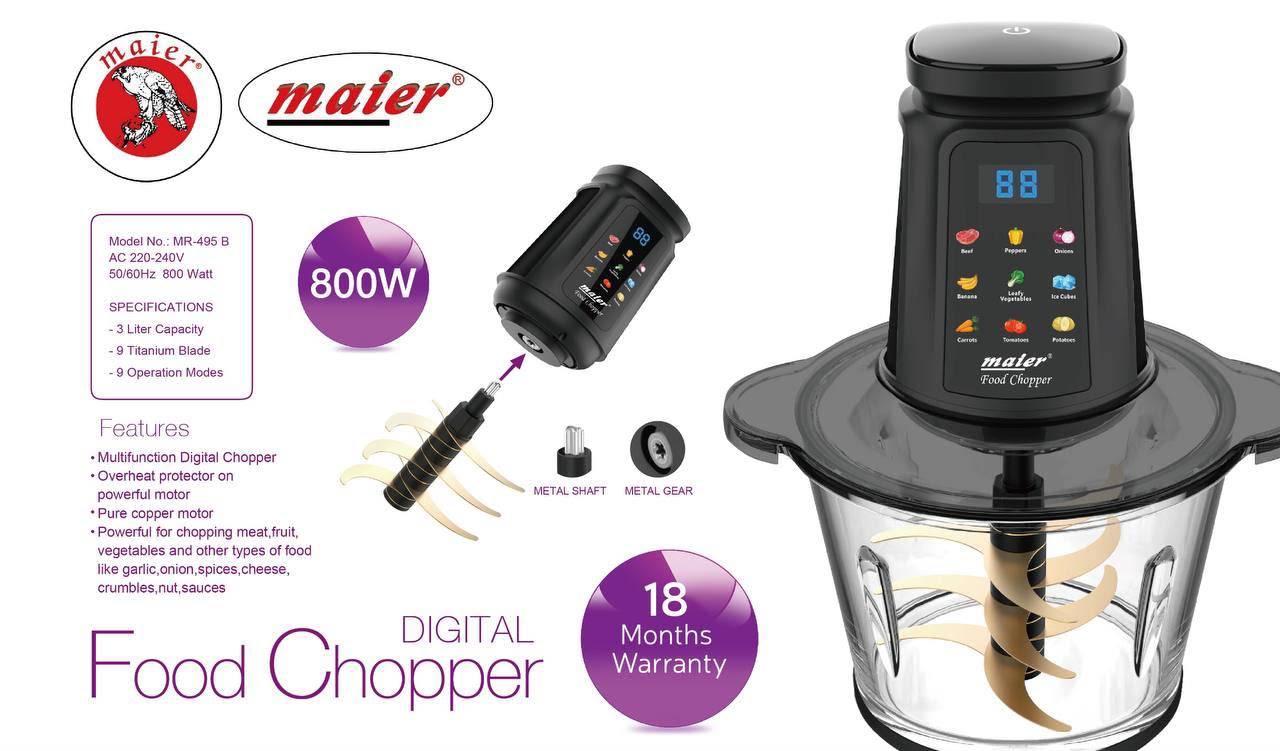 خرد کن 9 تیغه 800 وات دارای منوی غذا صفخه دیجیتال از برند maier کد 495 و 595