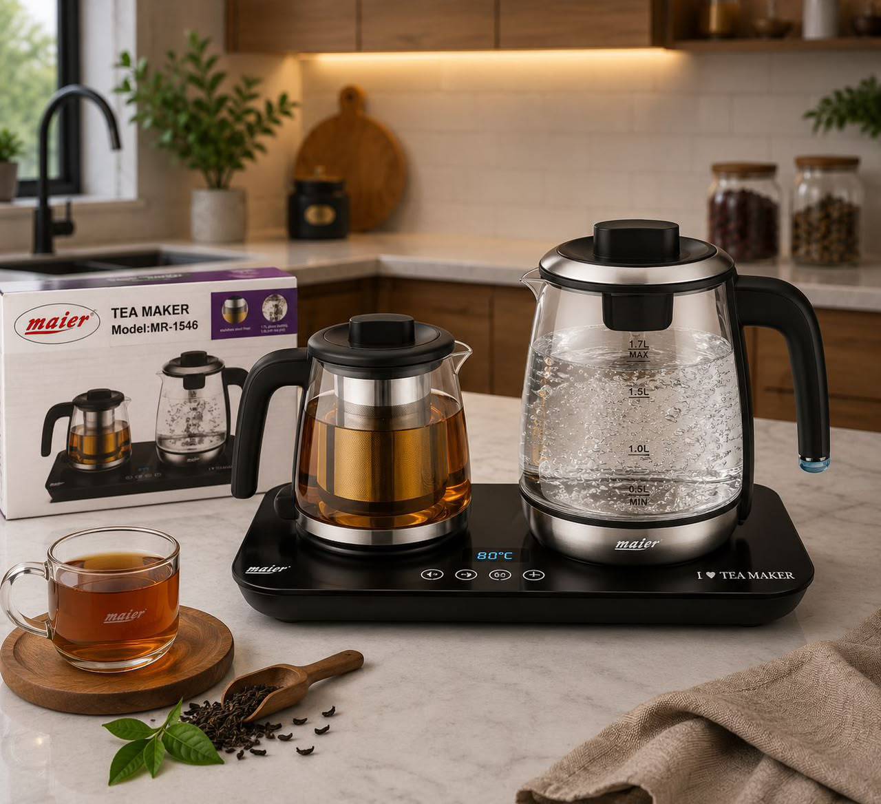 چای ساز مدل مایر کد 1546  ظرفیت 1.7 لیتری با کتری پیرکس